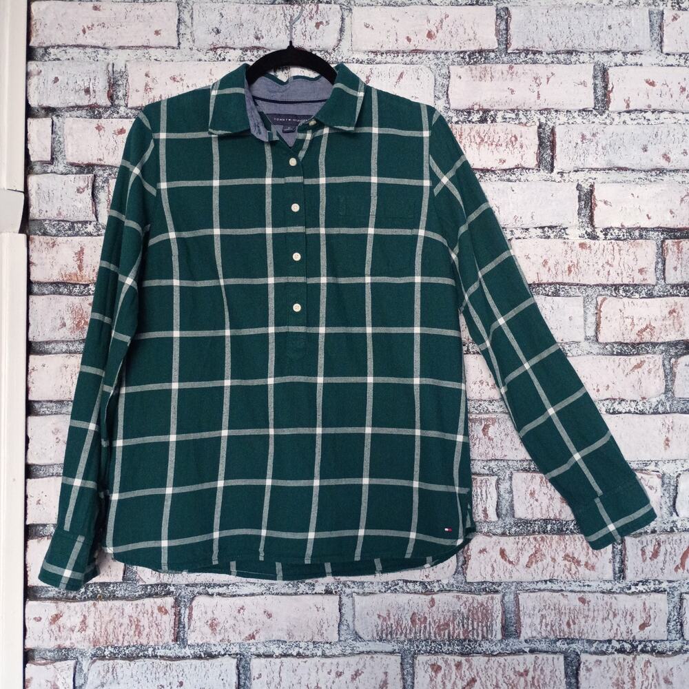 Tommy Hilfiger Green Plaid Popover Blouse Women M Flannel Preppy Grunge Casual